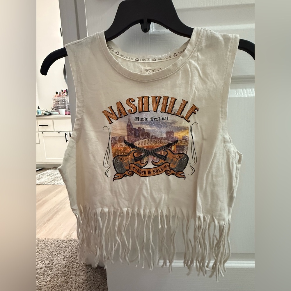White Crop Top with Fringe and Nashville Graphic